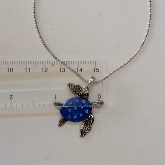 Silver Chain Necklace With Blue Turtle Pendant And Crystal Accent Ocean Jewelry - Picture 4 of 10